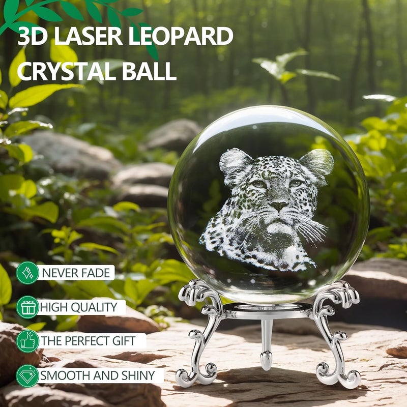 ZEERSHEE 60mm Cheetah Crystal Ball with Stand 3D Laser Engraved Leopard Decorative Glass Sphere Paperweight Gifts for Cheetah Lovers - Image 3